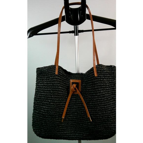 Studio Collection Raffia Black Straw Tote Bag with Brown Handles - Picture 1 of 5
